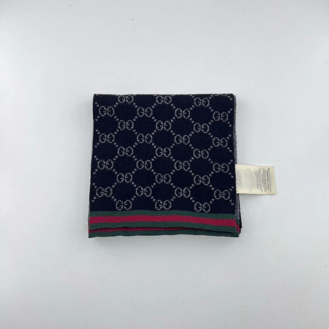99新 GUCCI/古驰 黑灰色双面双G花纹配经典红绿条围巾/12282791