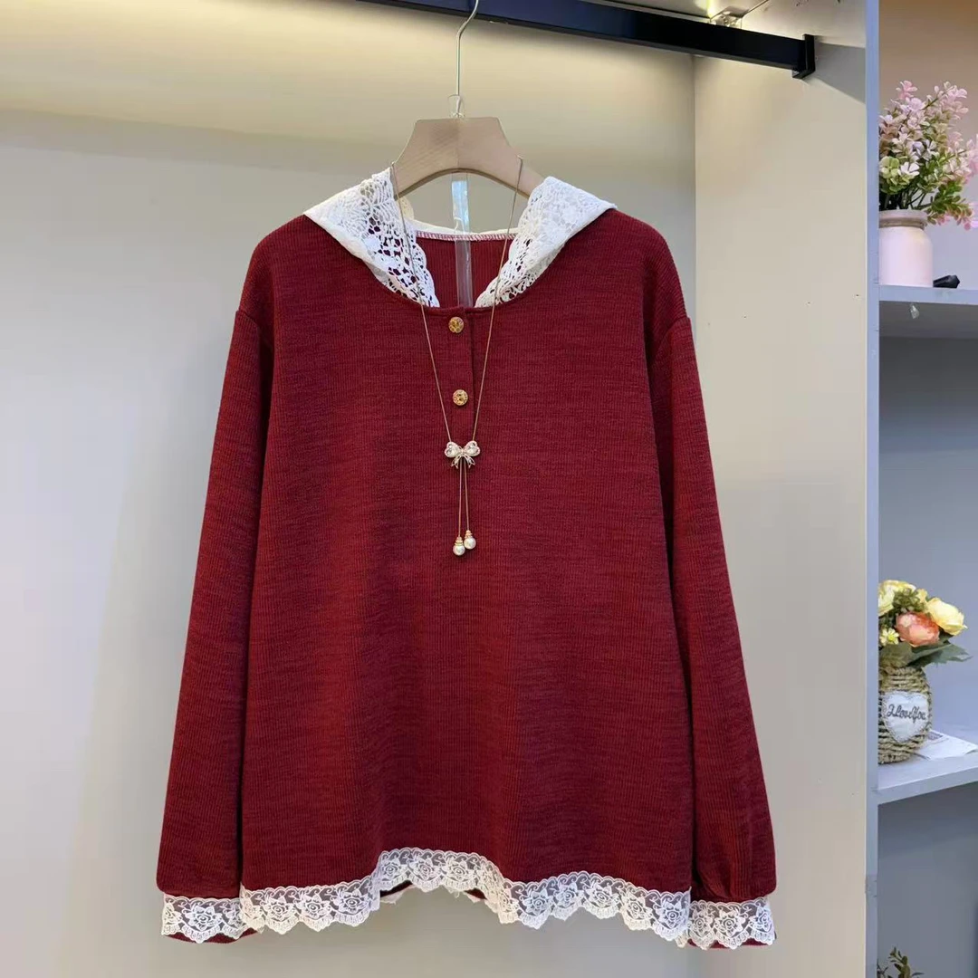 2025秋连帽拼蕾丝宽松韩系洋气衫