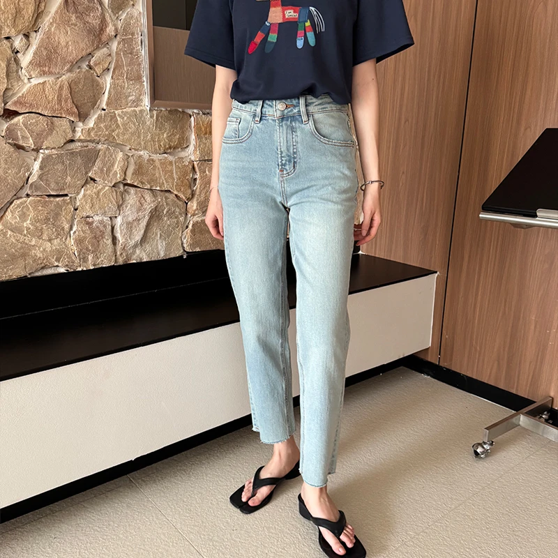 显瘦九分流苏窄脚磨边做旧水洗牛仔裤夏季简约百搭修身