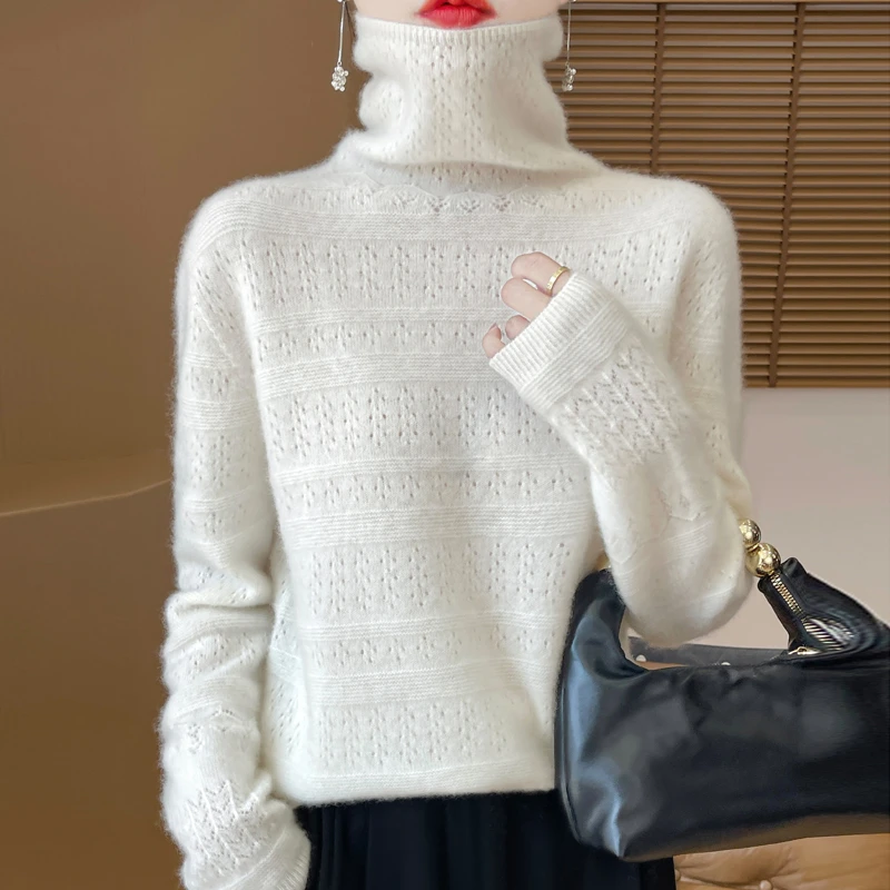 尽道清歌传皓齿~秋冬新款一线成衣全镂空堆堆领显气质羊毛衫女