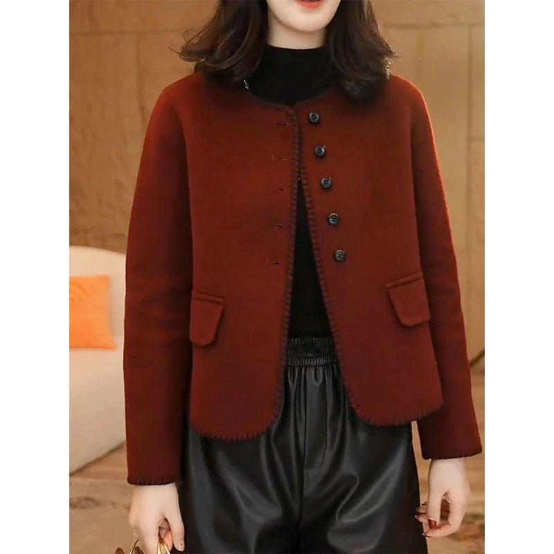 气质优雅时尚纯色毛呢外套女2024秋冬新款百搭保暖休闲风双面大衣