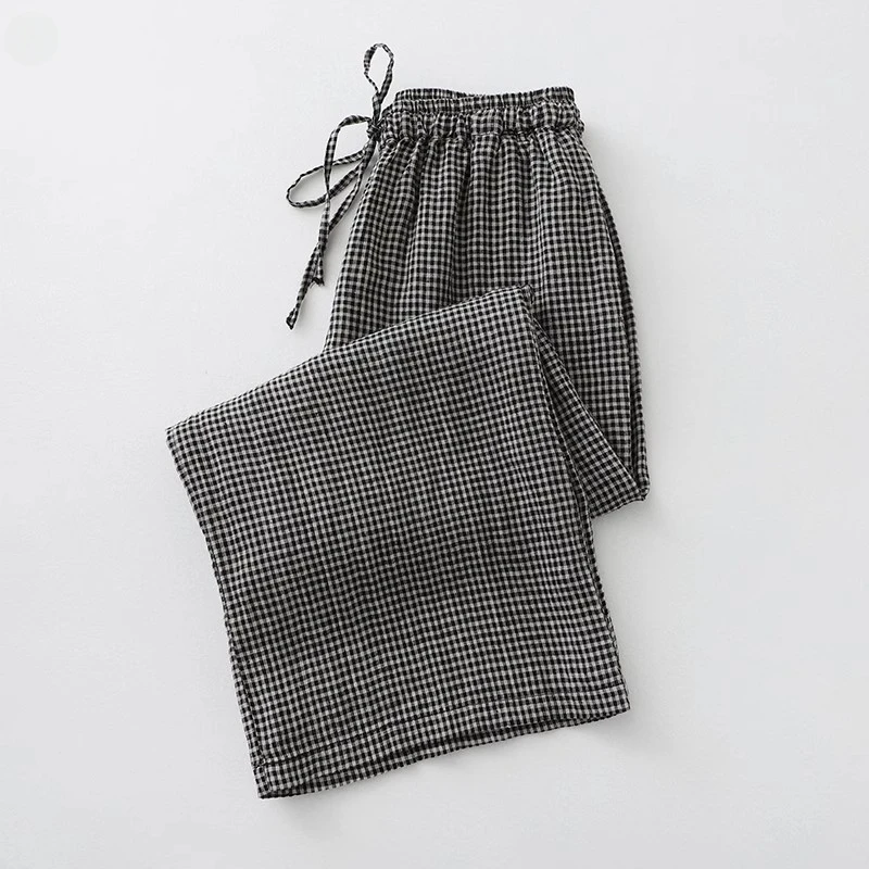 棉麻黑白格子阔腿裤女夏季薄款大码梨形小个子宽松显瘦直筒休闲裤
