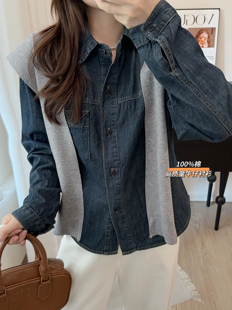 运费补贴小个子秋季韩版设计感小众气质宽松美式复古翻领牛仔衬衫