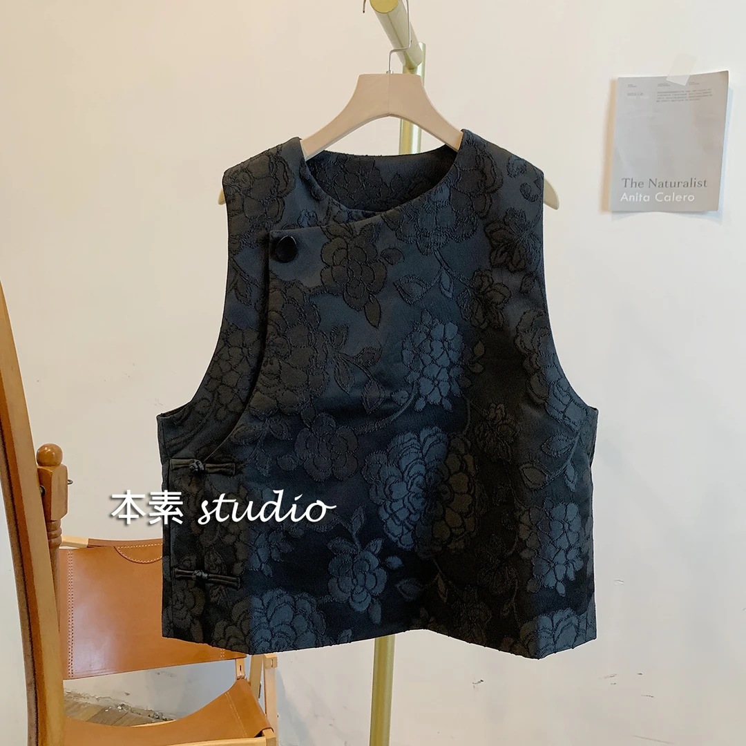 C1589提花盘扣斜门襟新中式圆领开衫马甲