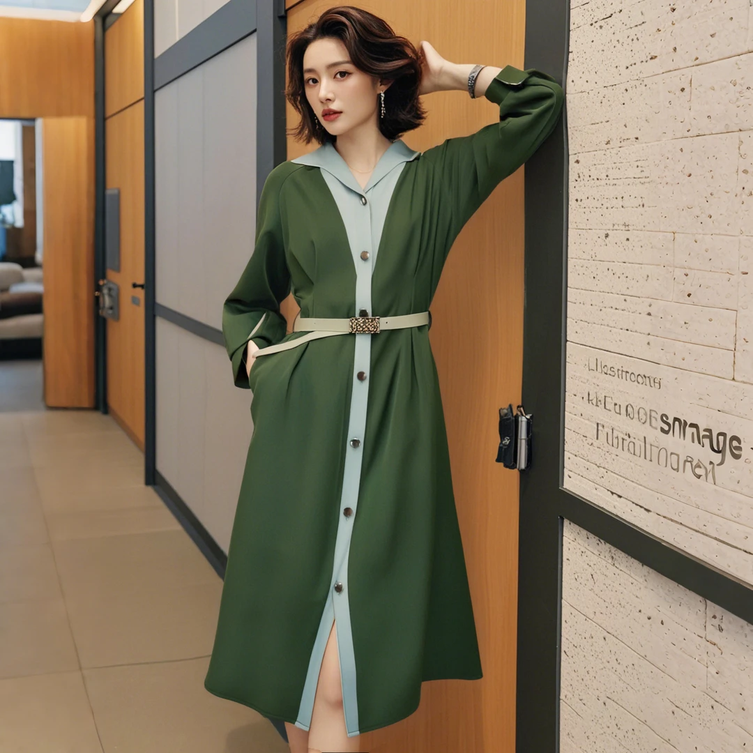 【送腰带】新款气质复古撞色赫本风长袖收腰系带衬衫连衣裙D0513