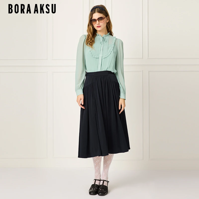 商场同款BORA AKSU2025春季法式泡泡袖木耳边细褶上衣B1FBW20170