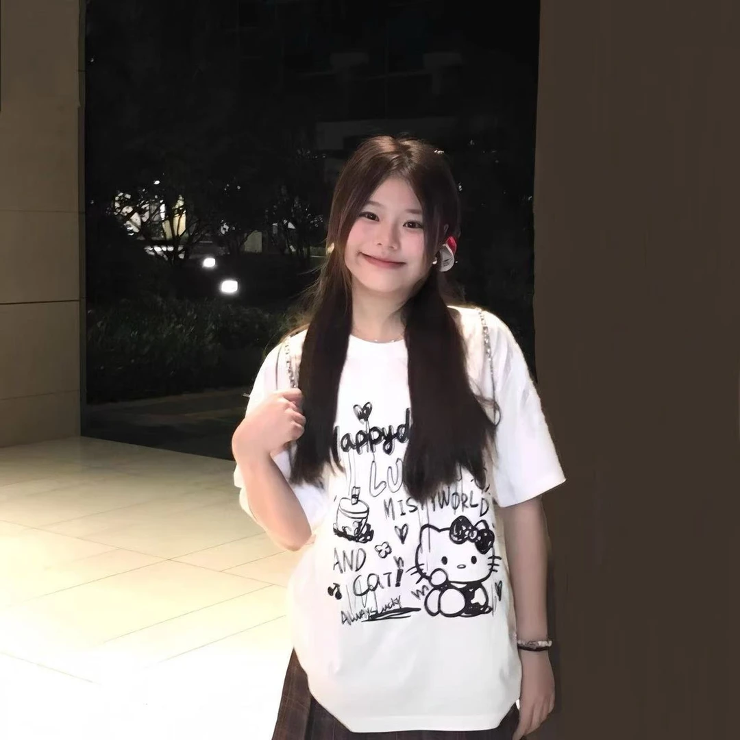 重磅纯棉Hello Kitty短袖t恤男女士夏季宽松美式复古设计感小众