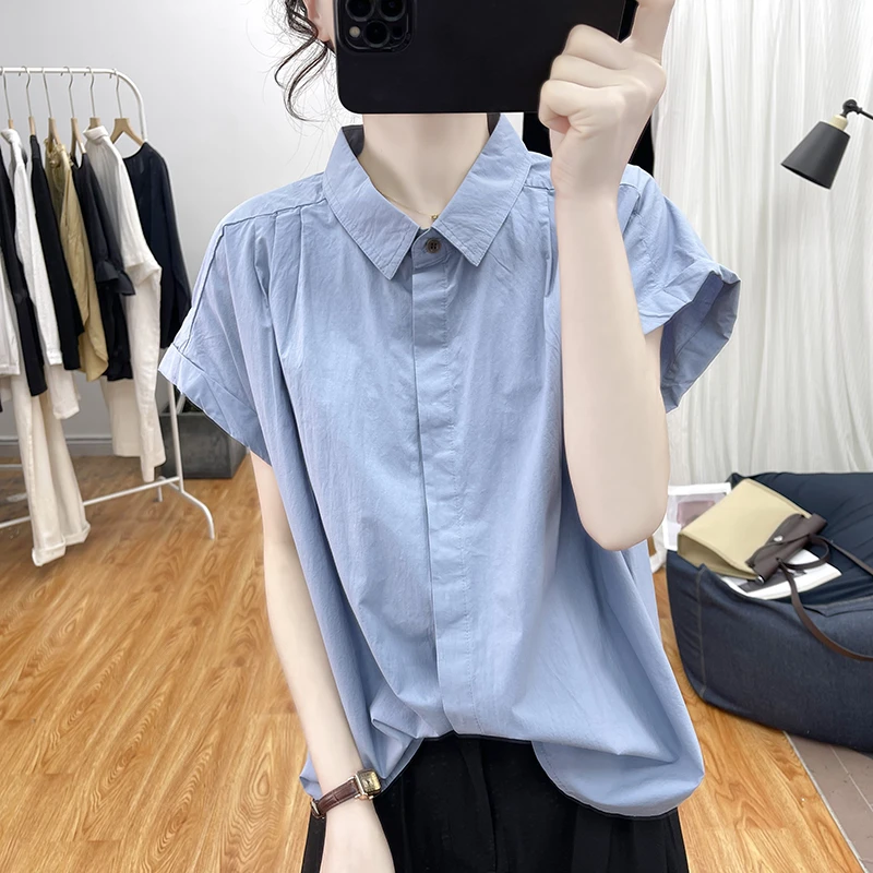 夏季新款纯棉polo领衬衣韩版时尚飞飞袖短袖衬衫女式宽松百搭上衣