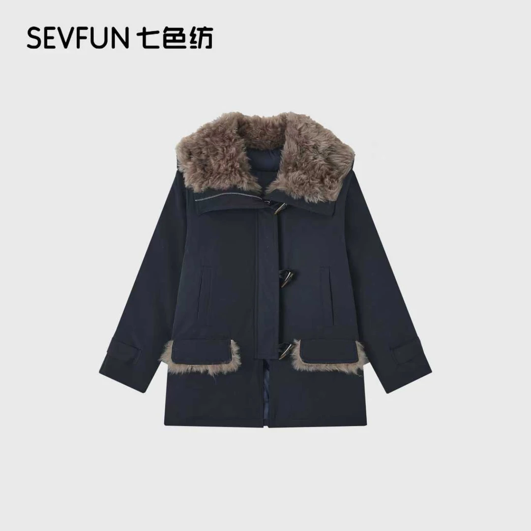 七色纺秋冬高级感羊羔毛拼接中长款派克羽绒服外套女QSF-1173