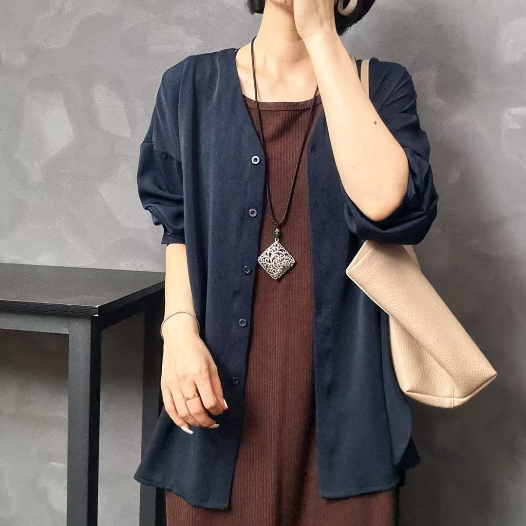 【FH】1826休闲大版防晒衬衣2025款  长袖衬衫百搭宽松黑色纯色