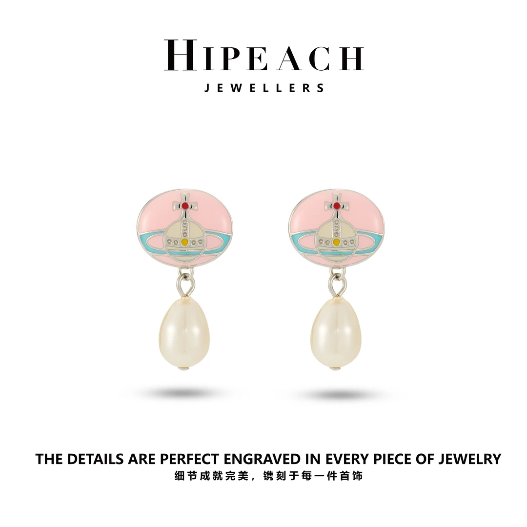 铜合金耳饰 镀K金 水滴珠珠粉色土星耳环HTJF0070