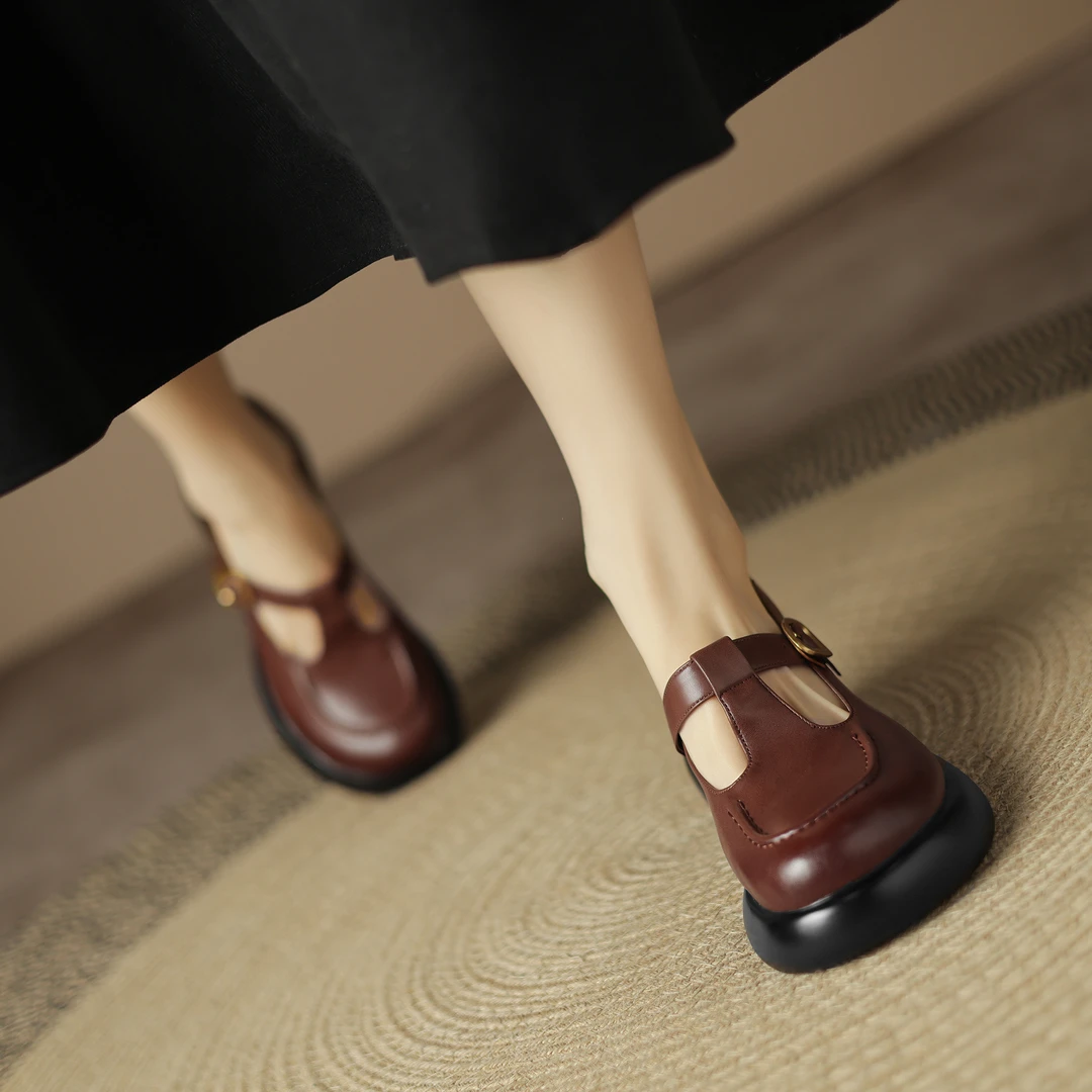厚底玛丽珍鞋女真皮圆头丁字扣单鞋2025早春新款复古单鞋X350-1
