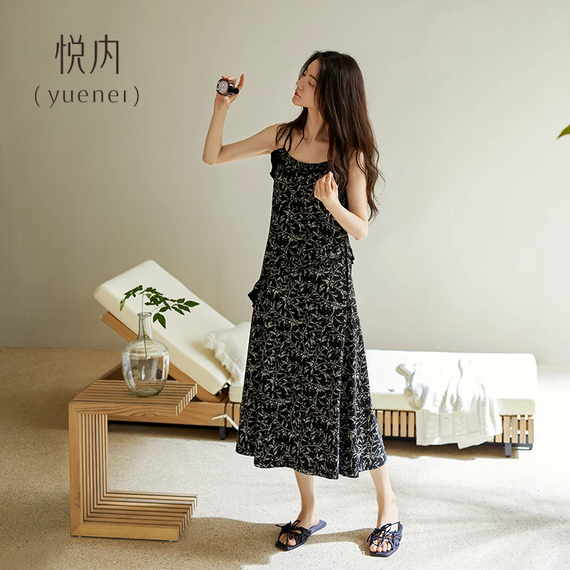 悦内【带胸垫】夏季纯棉吊带裙背心裙黑色碎花长裙高级感可外穿睡裙