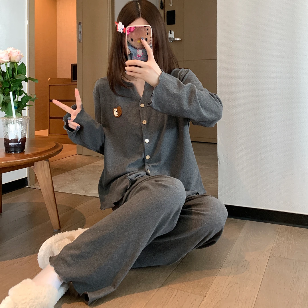 睡衣女秋冬季长袖长裤德绒简约韩版休闲可外穿大码家居服两件套装