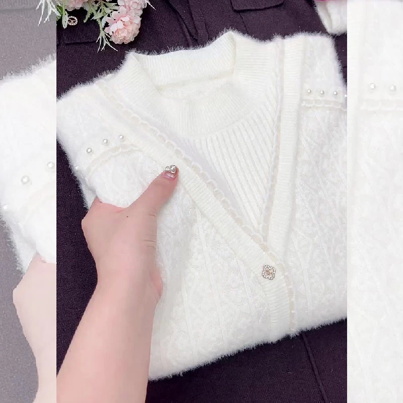 法式精致花纹温柔假两件减龄毛衣女2025冬季款大码显瘦百搭针织衫