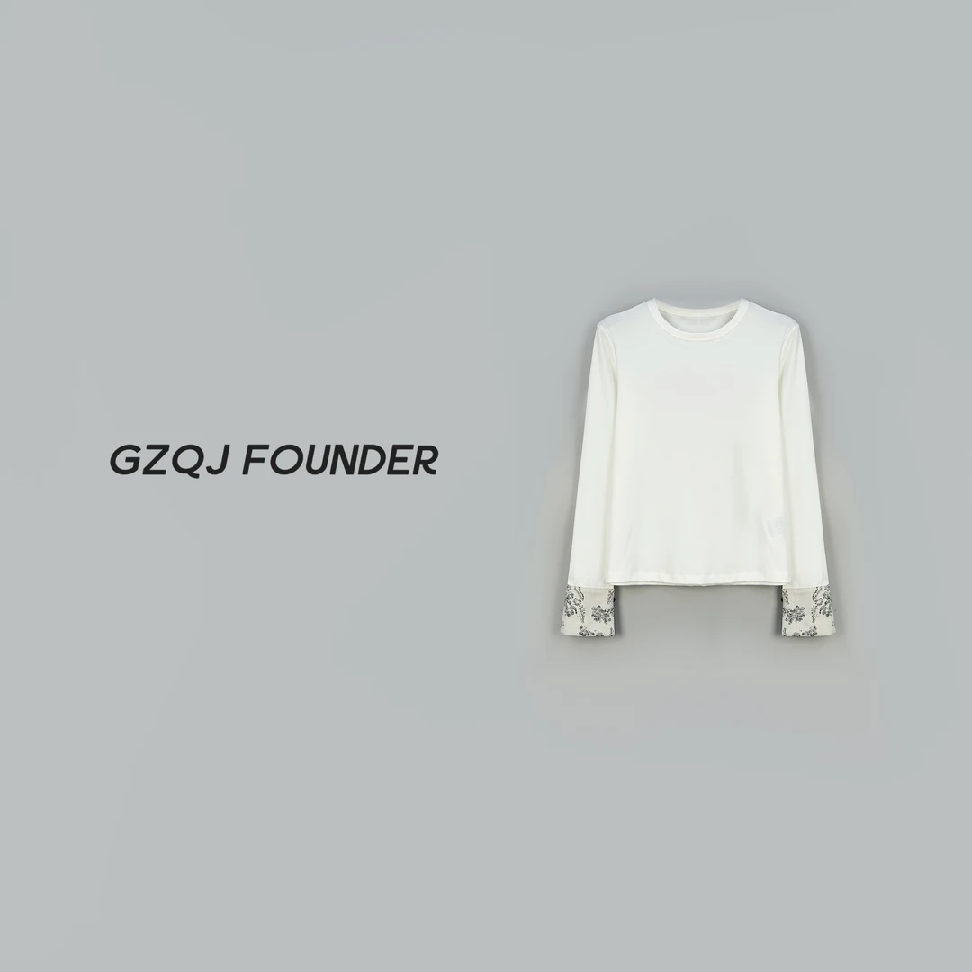 GZQJ【黑天鹅】设计感新中式百搭拼接长袖T恤女春夏新款2751