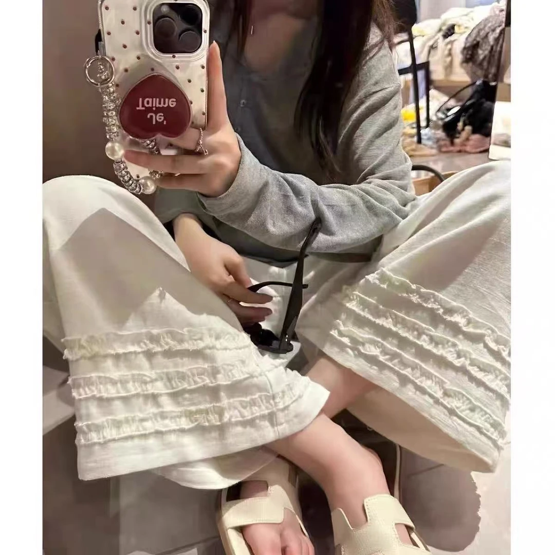 夏日松弛感木耳花边裤女梨形身材百搭松紧高腰阔腿宽松九分休闲裤