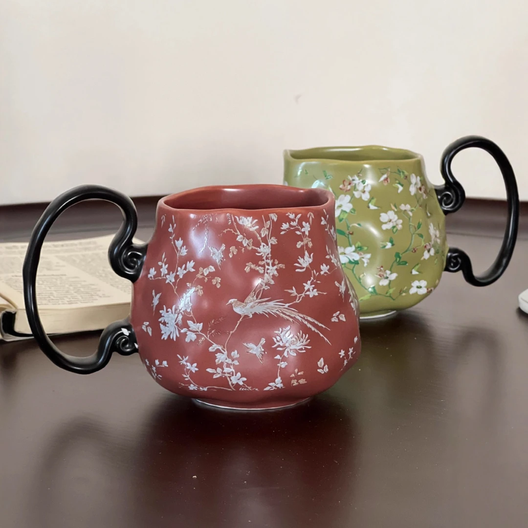 复古田园手作创意陶瓷家用喝水杯子小众设计感咖陶瓷家用杯套装