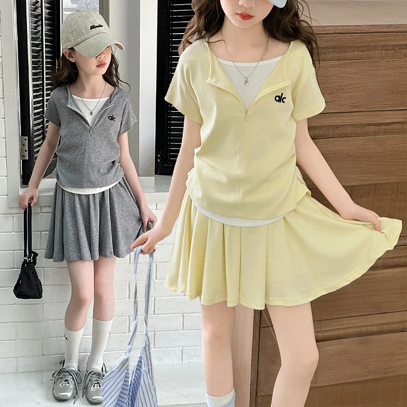 女童套装儿童时尚运动假两件小衫短裙两件套夏季女孩洋气甜美韩版