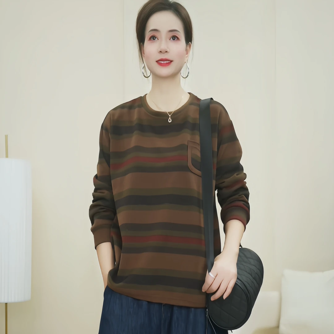 春季新款长袖时尚休闲百搭卫衣春秋宽松显瘦条纹圆领T恤上衣女390