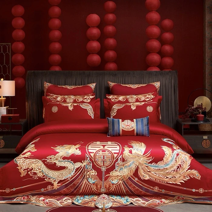 【龙凤禧绣】100%匹马棉中式婚礼重工刺绣四件套绣花结婚婚房新中式