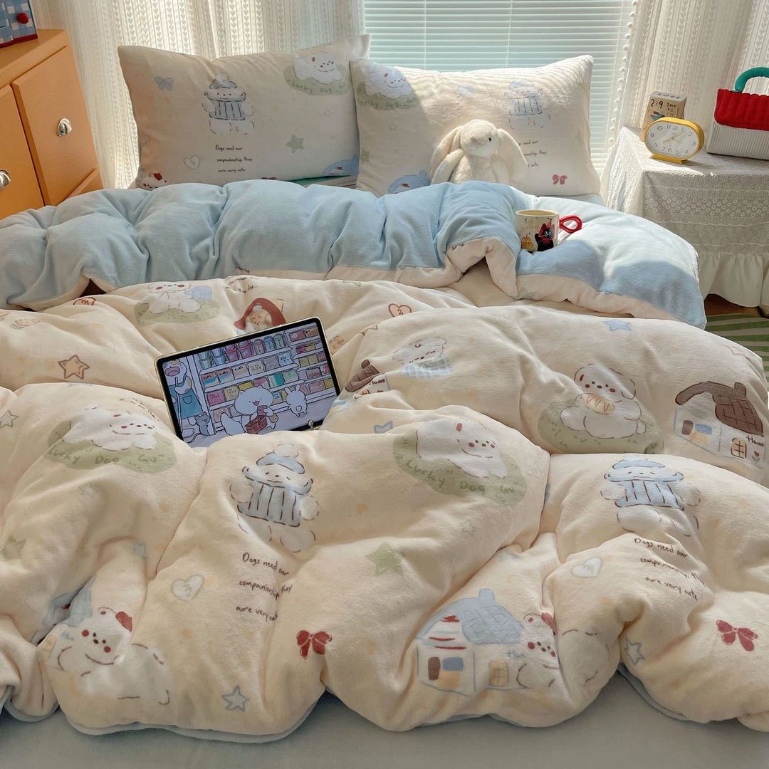 ins冬季牛奶绒四件套卡通加厚保暖珊瑚法兰绒被套床单宿舍三件套