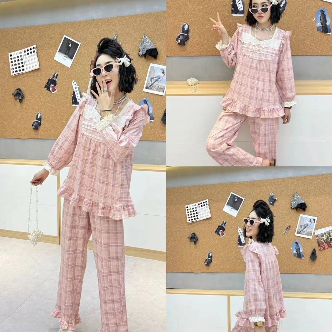 爆款网红韩系2026春秋季格子宽松大码舒适高品质花边甜美家居时尚