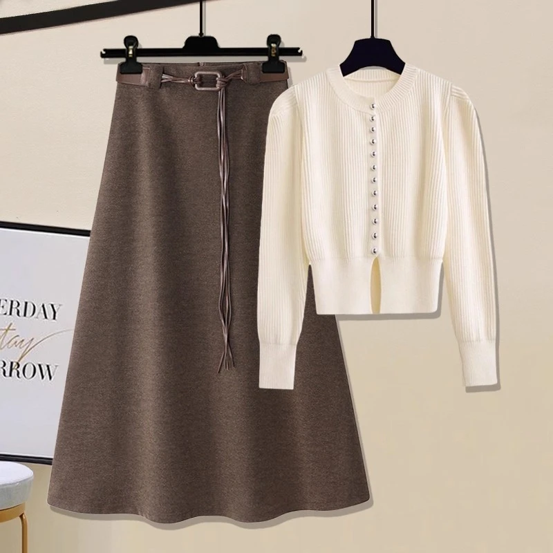 女装秋款爆款2025新款小香风设计感收腰针织衫上衣中长裙一整套装
