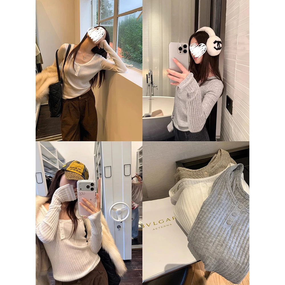 秋冬新款长袖内搭针织打底衫女亨利扣显瘦修身上衣 90011