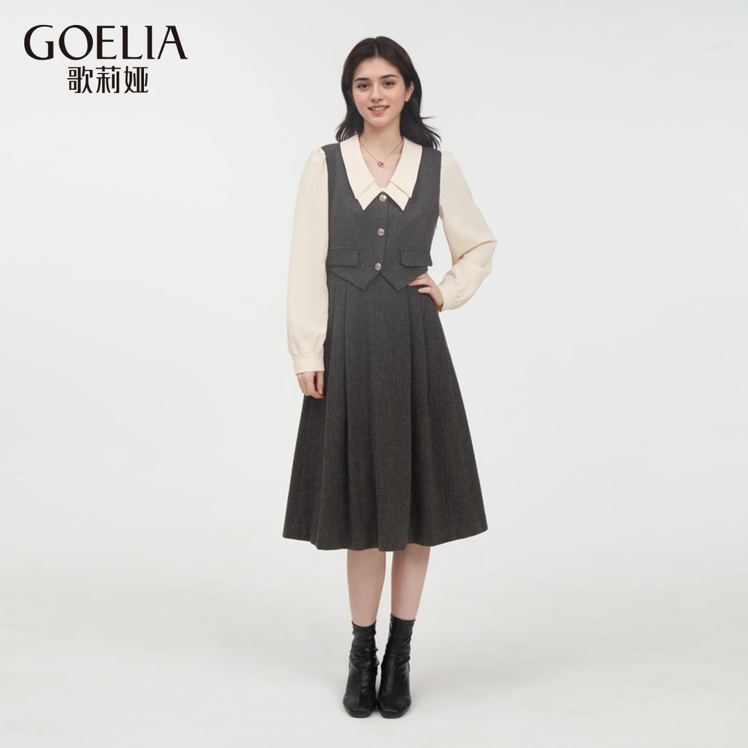 【视频款 现货】歌莉娅 新品 水洗绵羊毛假两件式连衣裙1E1C4K0Z0