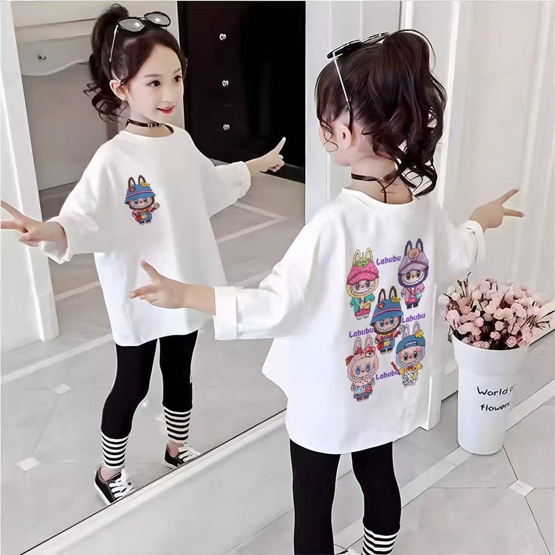 春秋季女童纯色长袖T恤2025新款潮流时髦拉bubu印花打底衫
