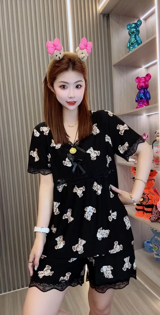 896夏季薄款睡衣女套装冰丝网眼面料宽松