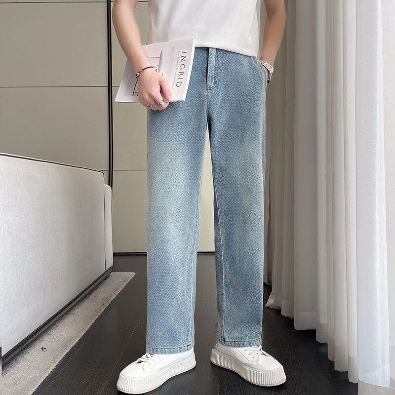 潮流复古时尚春秋人字纹纯色做旧水洗休闲百搭软牛仔裤