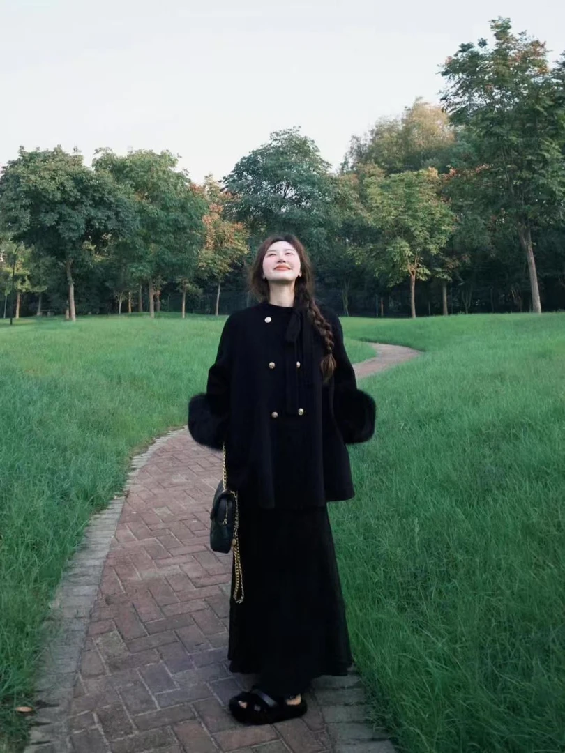 2024秋冬新款小香风双排扣外套宽松大衣高腰显瘦