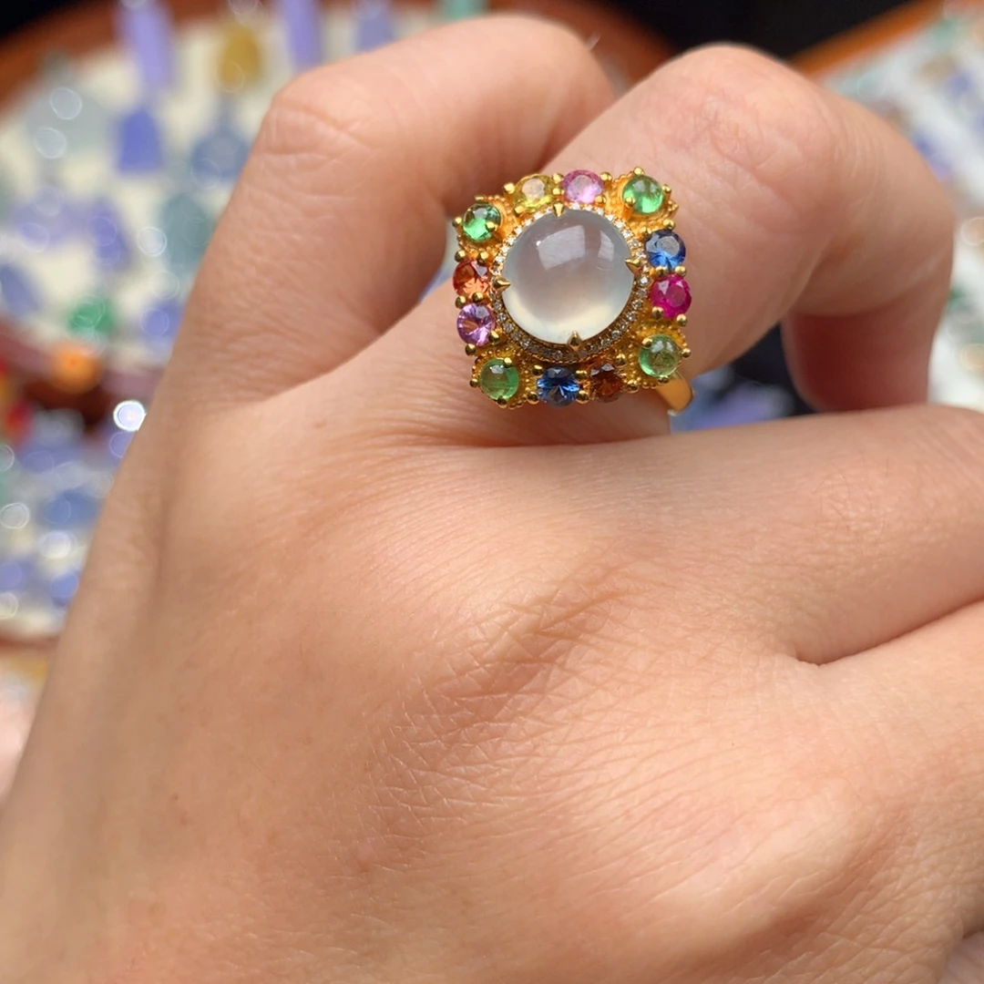 翡翠戒指18K金镶嵌蛋面两用款