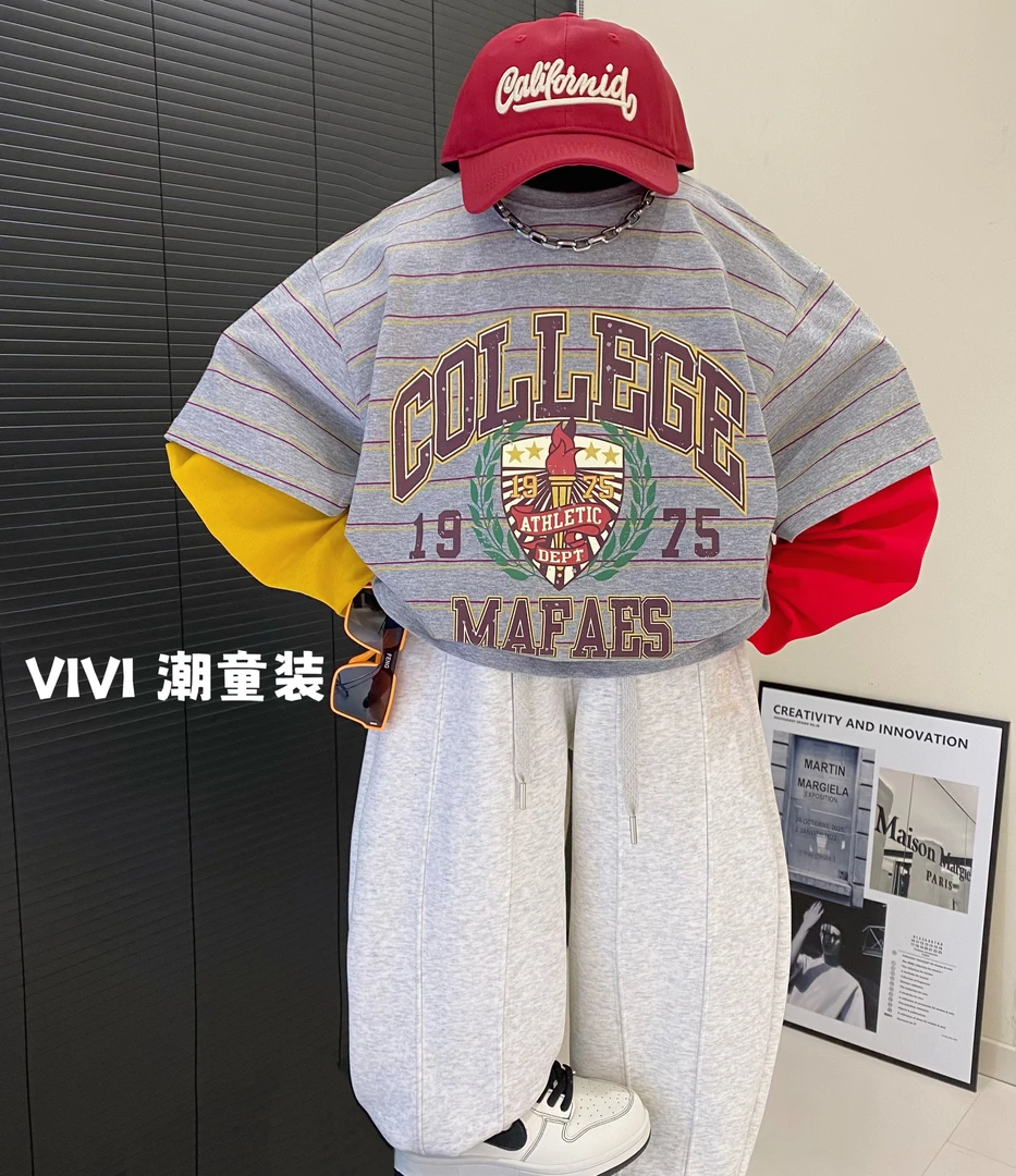 VIVI童装 2025春款潮流中大童时尚洋气条纹假两件长袖T恤欧若风