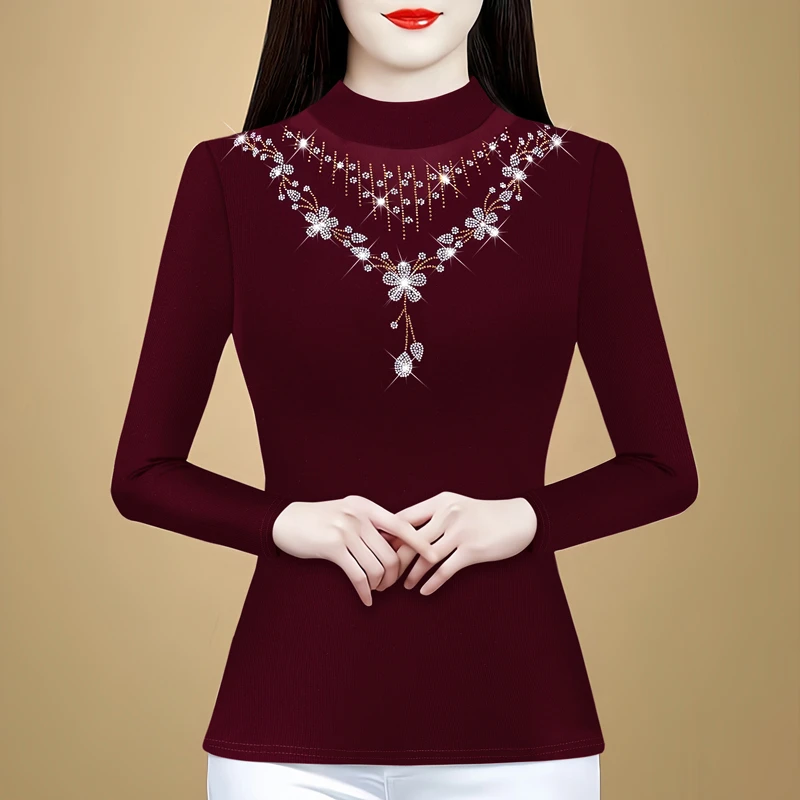 半高领打底衫女士内搭时尚春秋冬装长袖上衣妈妈洋气T恤加绒小衫