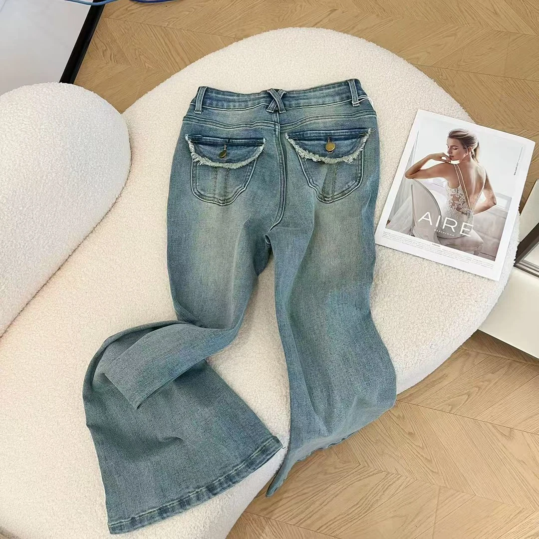 【豆子推荐】26875 春季中高腰口袋设计毛边牛仔裤微喇裤子