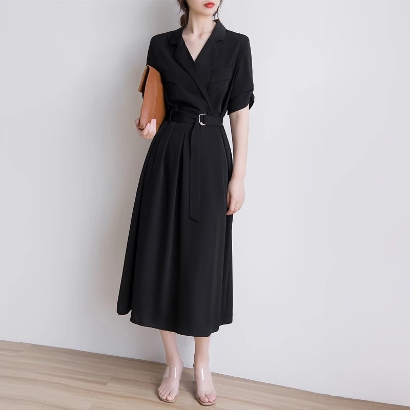 大码御姐风端庄大气黑色连衣裙女胖mm收腰显瘦气质职业西装裙长裙