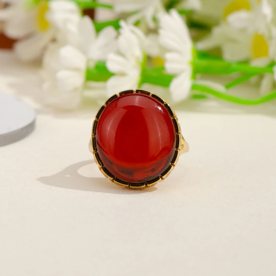 复古花纹血珀银戒指