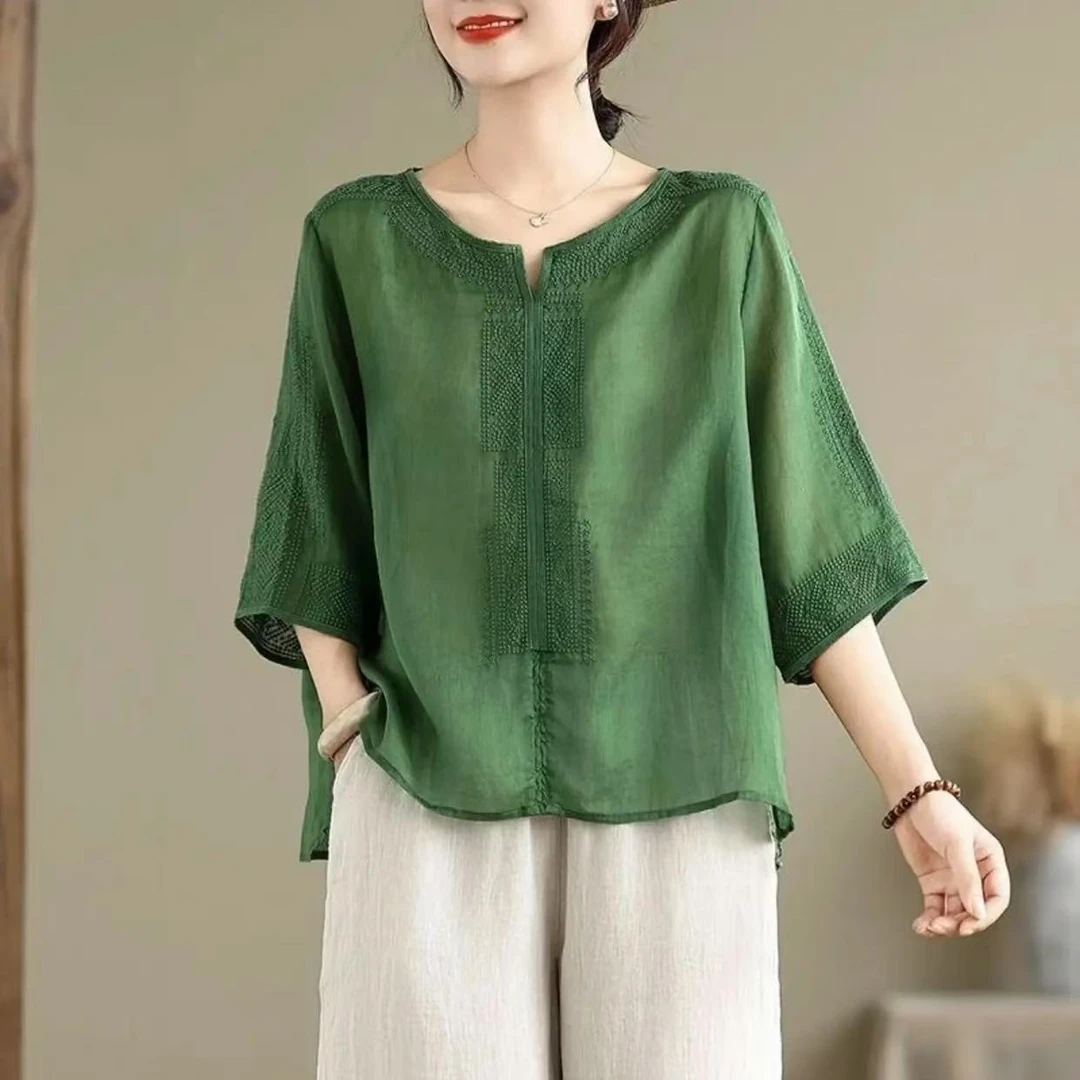 五分袖纯色薄款圆领夏季刺绣衬衫衬衣复古显瘦西域风
