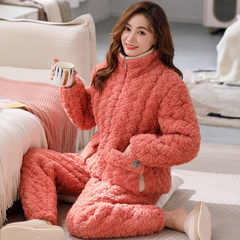 睡衣女款冬季三层加厚夹棉袄珊瑚绒加绒保暖可外穿拉链家居服套装