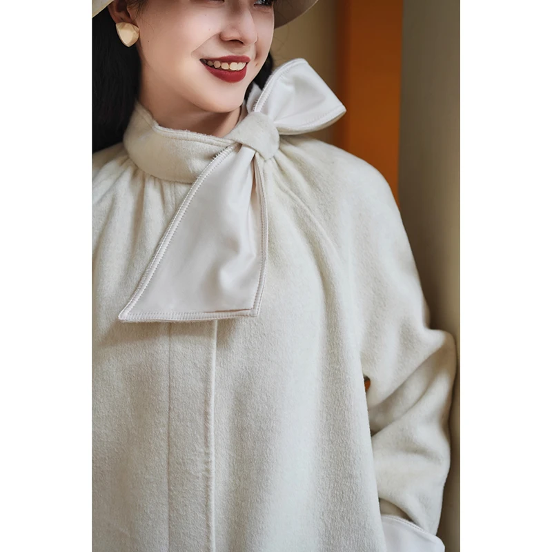 Chings复古法式半高领中长款大蝴蝶结A型版长袖遮肉显瘦毛呢外套