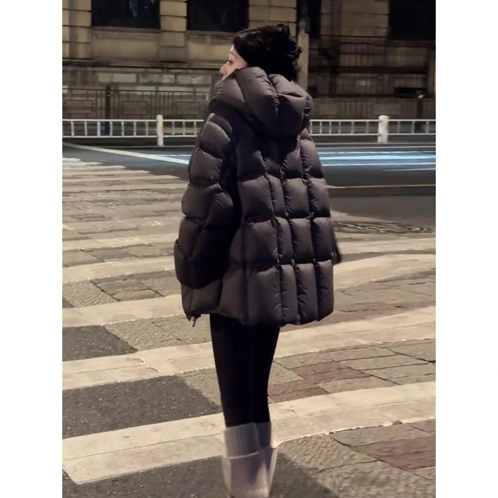 DUCURNO黑色连帽泡芙羽绒服女2025冬季新款时尚保暖白鸭绒面包服