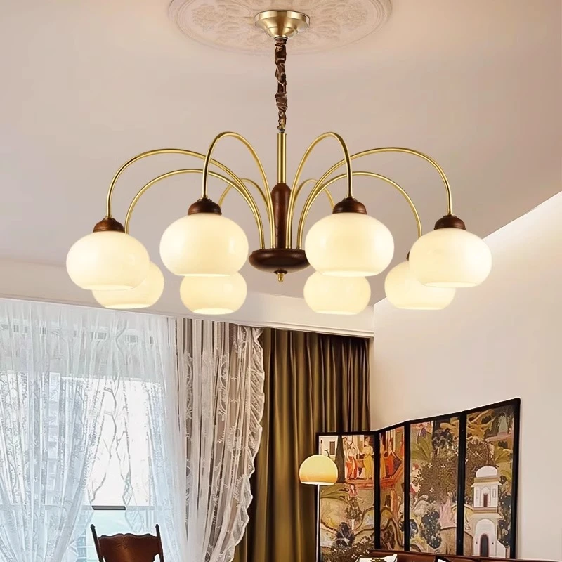 中古风黑白蜡实木复古主客厅吊灯新中式全铜餐厅卧室灯广东中山灯