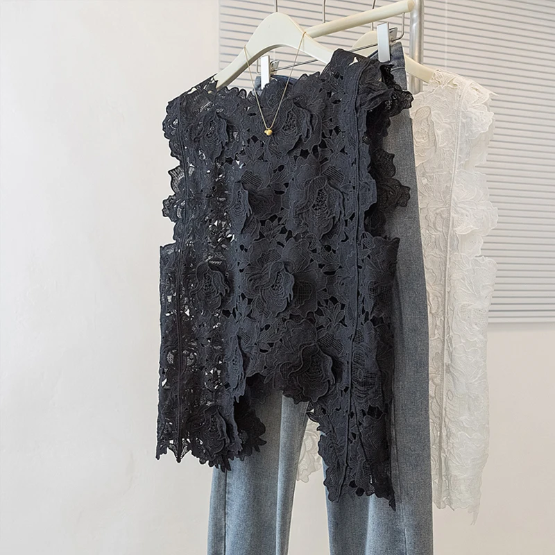 大码女装胖mm高级感镂空蕾丝衫2025夏季新款宽松遮肚无袖背心上衣