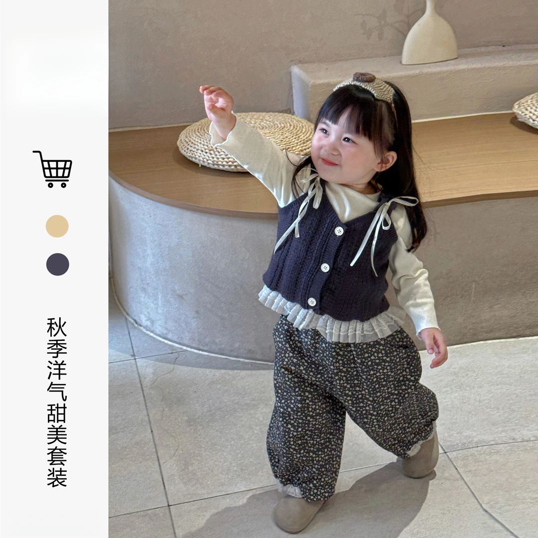 女宝宝早秋套装洋气针织吊带裤子女童衣服秋季可爱上衣休闲裤秋装