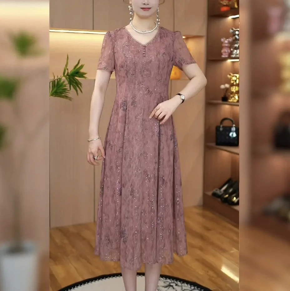 B856 夏季新款短袖时尚妈妈装时尚洋气显瘦连衣裙优雅修身气质