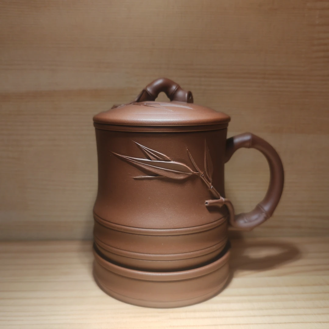 山西平定原矿竹节五件套紫砂盖杯手工贴叶紫泥主人杯办公杯400mL