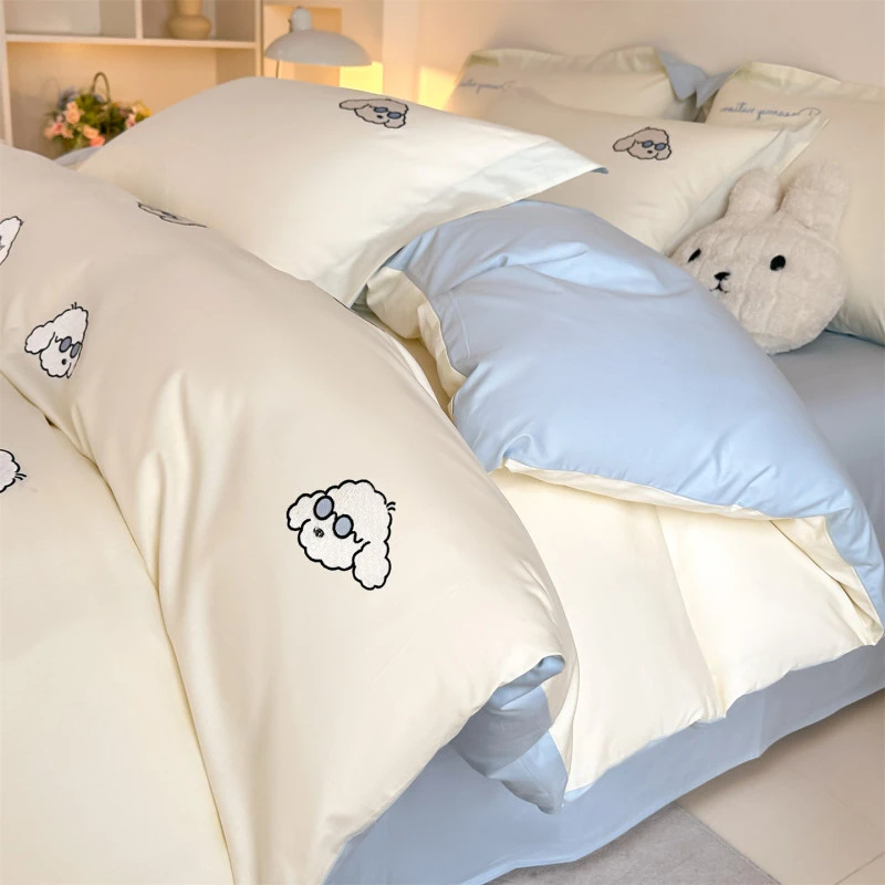 纯棉刺绣四件套全棉床上用品女孩被套学生宿舍床单三件套床笠款